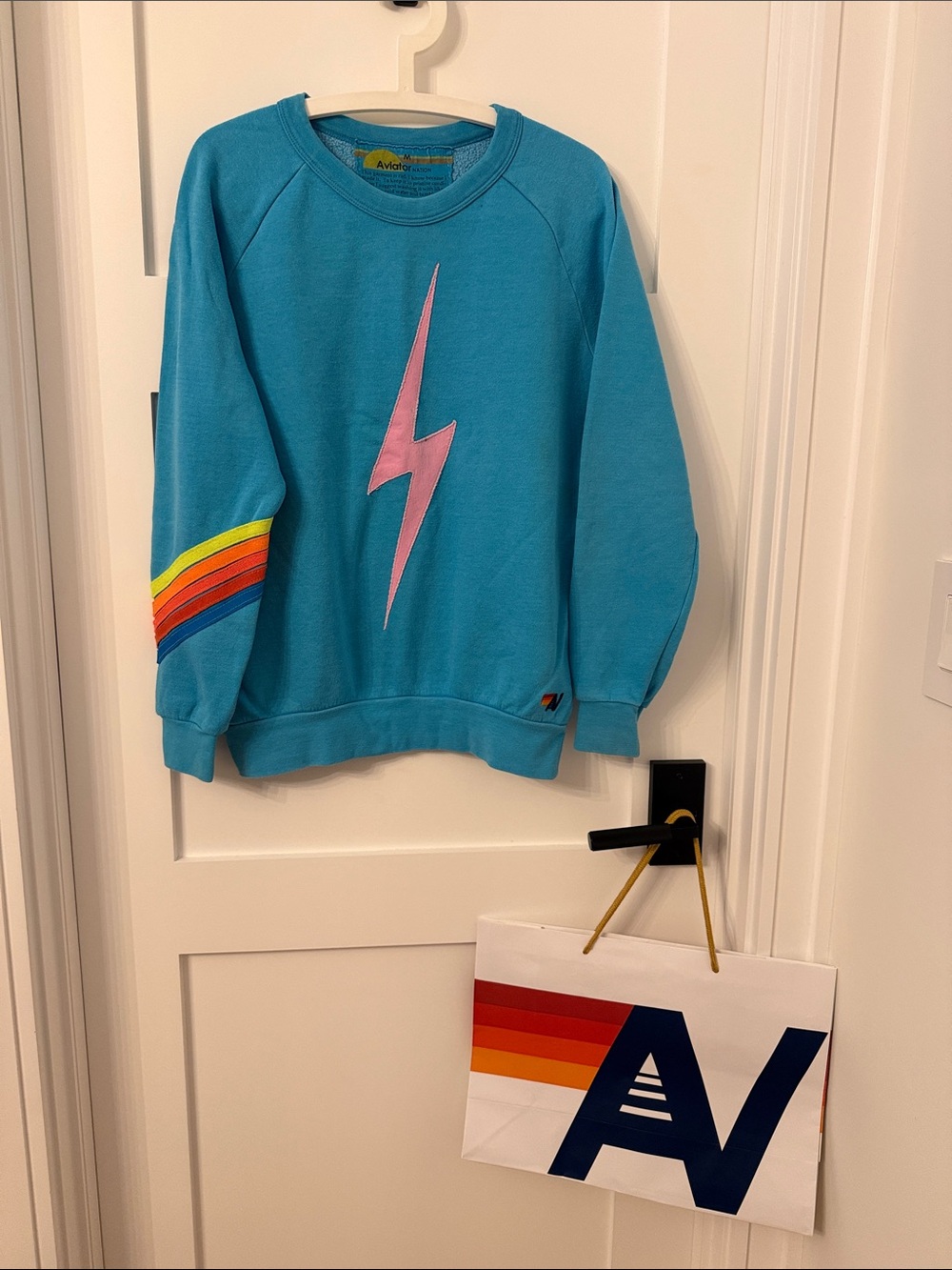 Aviator Nation Turquoise Blue Sweatshirt with Pink BOLT & Rainbow 5 Stripe